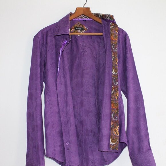 VINTAGE Vizoni Uomo Men's Purple Jacquard Button Down Shirt Size S - Picture 3 of 15